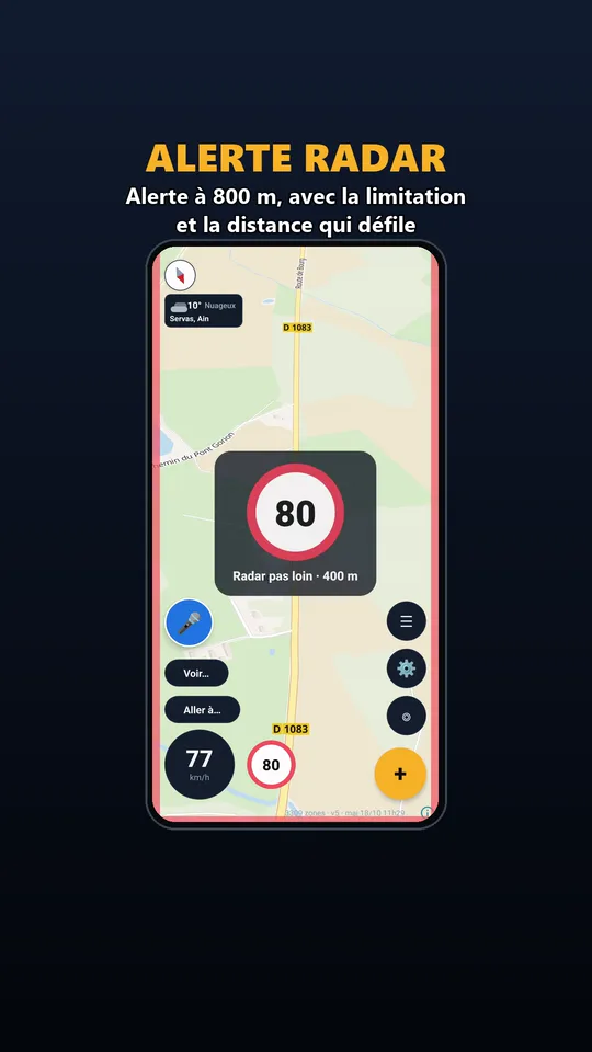 Alerte radar dans l'appli Vigirota : panneau 80 km/h et distance jusqu'au radar sur la carte