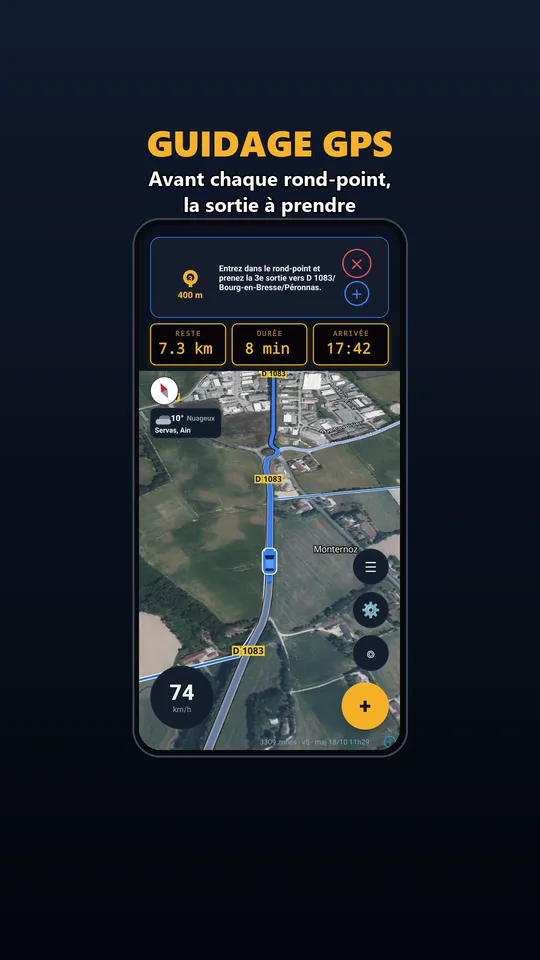 Guidage GPS dans Vigirota en vue satellite : consigne du rond-point, distance, durée et heure d'arrivée