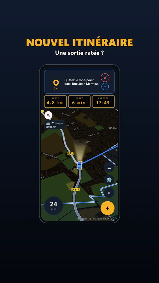 Nouvel itinéraire dans Vigirota après une sortie ratée : carte en mode nuit et voiture avec ses phares